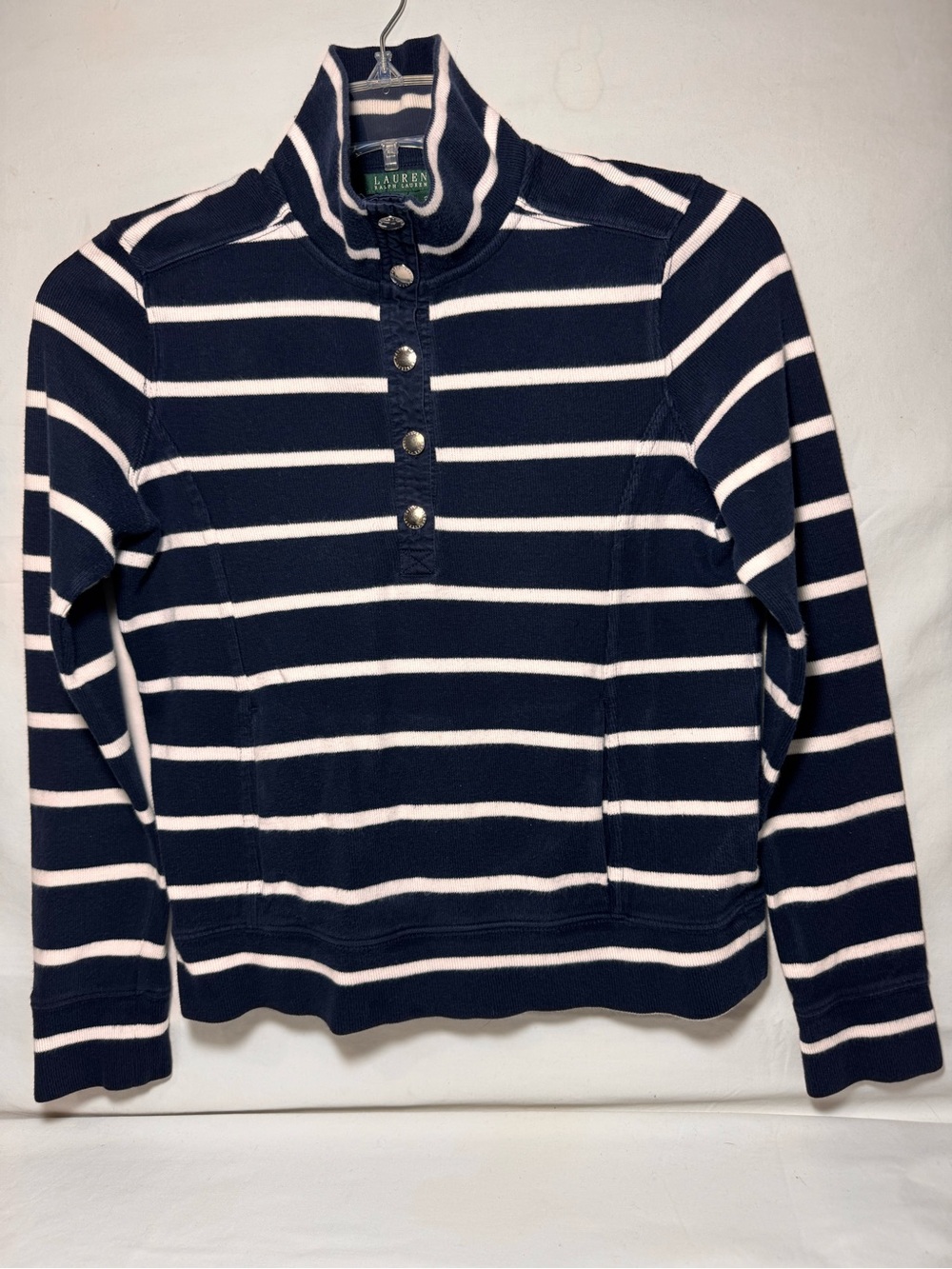 Ralph Lauren Navy and White Striped Quarter-Snap Turtleneck Sweatshirt